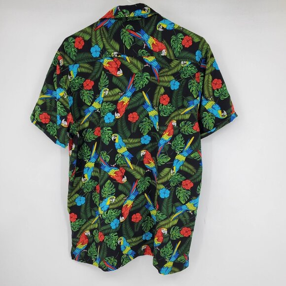 Good Vibes Drill Clothing Co Stretch Multicolor Parrot Hawaiian Button Shirt Lar - Picture 2 of 9